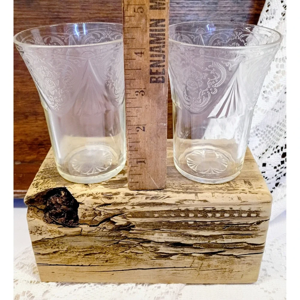 Vintage Etched Clear Glass Juice Tumblers Floral Scroll Pattern Set of 2 4 inch